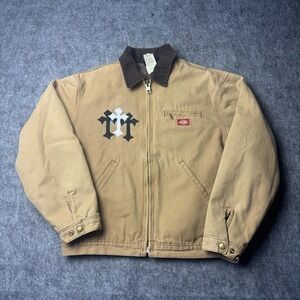 Dickies Lined Work Jacket Tan Canvas Cross Graphic Men's Large Zip Up